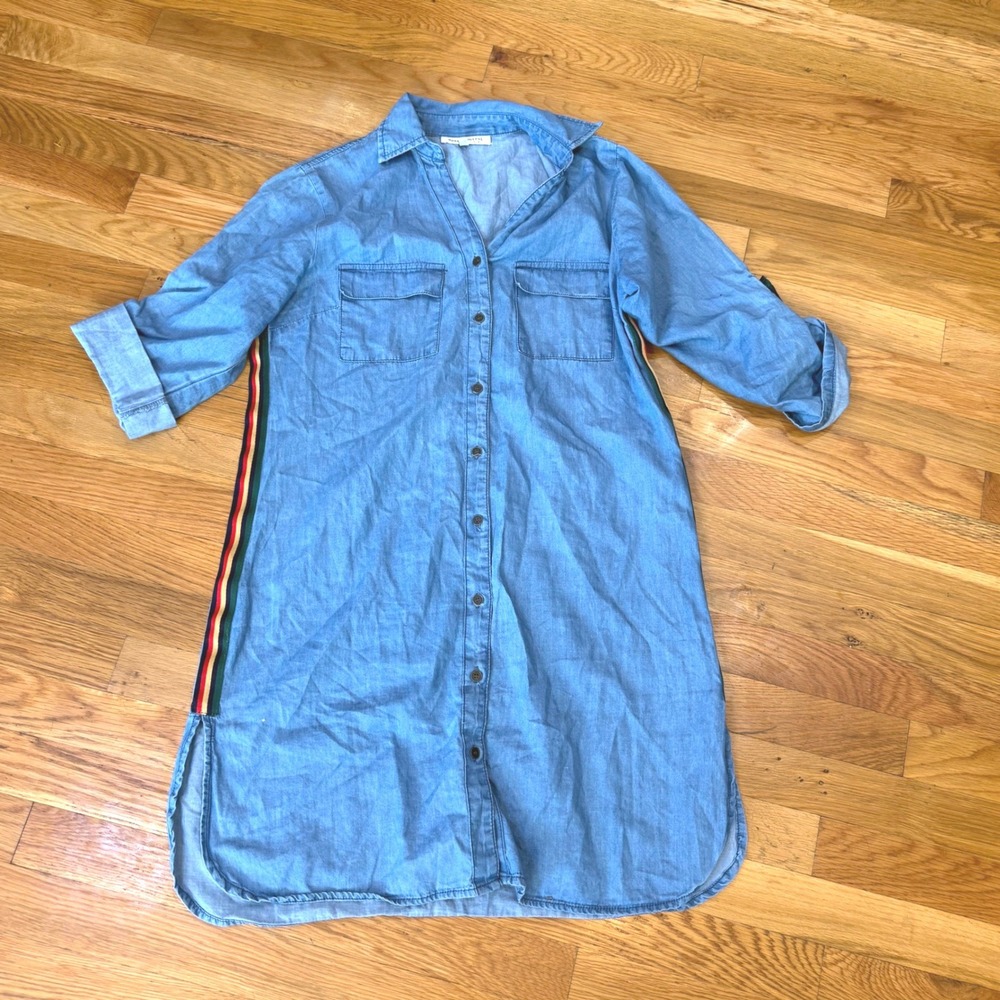 Speed Control New York Blue Chambray Shirt Dress Side Stripe Roll Tab Medium